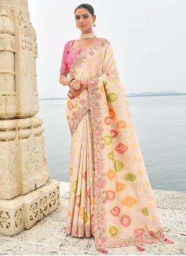 Conspicuous Silk Embroidered Cream Traditional Saree