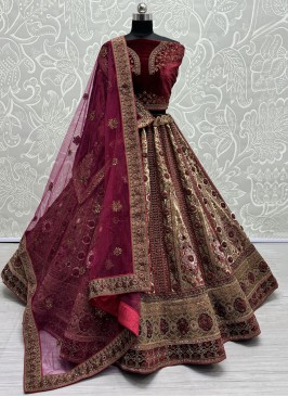 Conspicuous Velvet Zari Beige and Maroon Trendy Designer Lehenga Choli