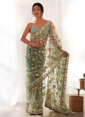 Contemporary Saree Embroidered Net in Green