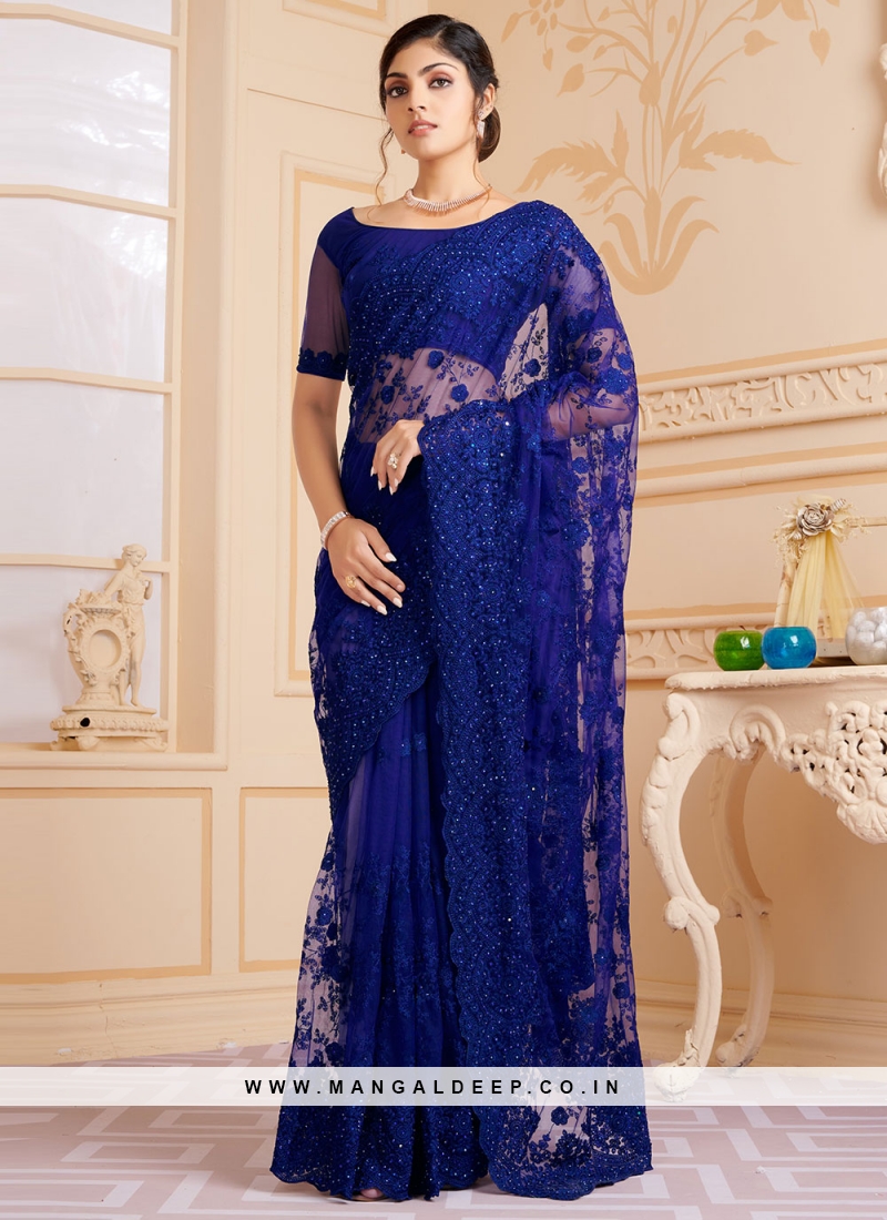 Contemporary Saree Embroidered Net in Navy Blue