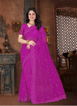 Contemporary Saree Embroidered Net in Purple