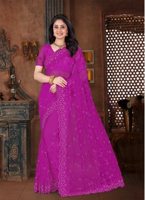 Contemporary Saree Embroidered Net in Purple