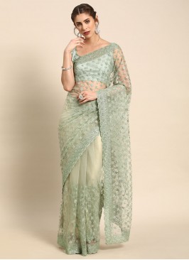 Contemporary Saree Embroidered Net in Sea Green