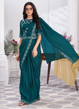 Contemporary Saree Embroidered Shimmer Georgette in Turquoise