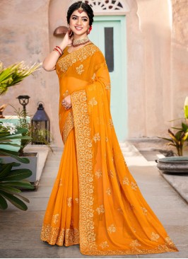 Contemporary Saree Embroidered Shimmer in Orange