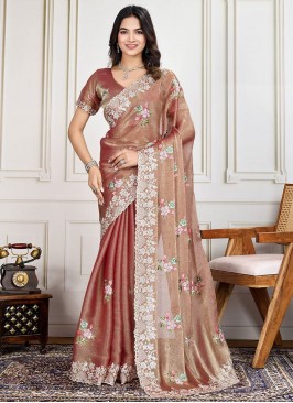 Contemporary Saree Embroidered Silk in Brown