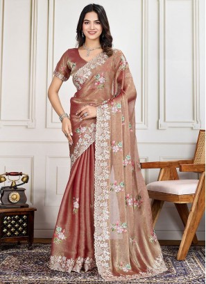 Contemporary Saree Embroidered Silk in Brown