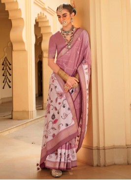 Contemporary Saree Foil Print Silk in Peach and Purple