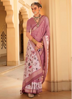 Contemporary Saree Foil Print Silk in Peach and Purple