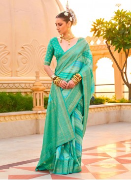 Contemporary Saree Foil Print Silk in Turquoise