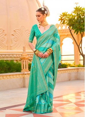 Contemporary Saree Foil Print Silk in Turquoise