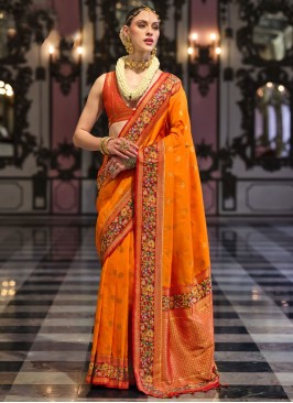 Contemporary Saree Meenakari Silk in Orange