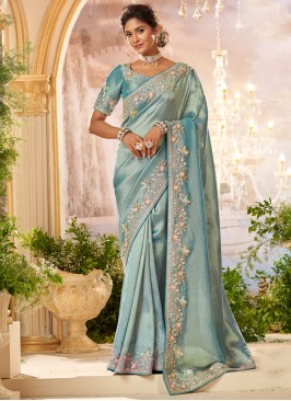 Contemporary Saree Sequins Viscose in Aqua Blue