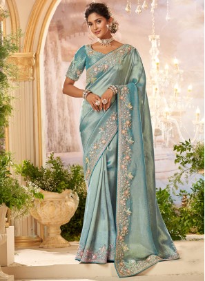 Contemporary Saree Sequins Viscose in Aqua Blue