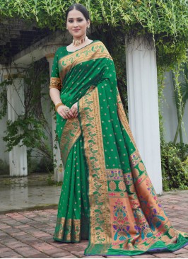 Contemporary Saree Weaving Silk in Green