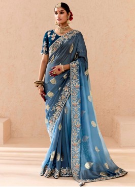 Contemporary Saree Zari Silk in Blue and Grey