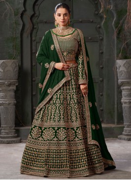 Cord Georgette Readymade Lehenga Choli in Green