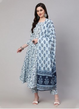 Cotton Blue Designer Ankle Length Anarkali Suit