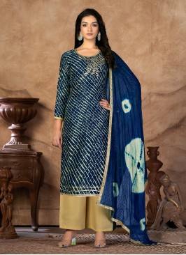 Cotton Blue Embroidered Straight Salwar Suit
