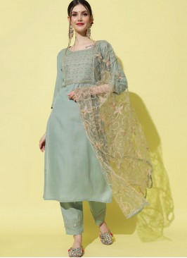 Cotton Embroidered Green Pant Style Suit