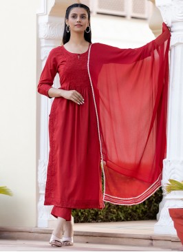 Cotton Embroidered Readymade Salwar Kameez in Red