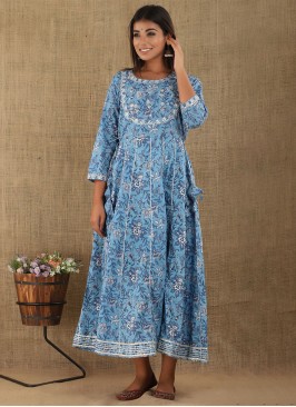 Cotton Printed Blue Gown