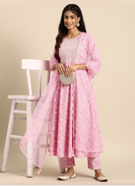 Cotton Rose Pink Embroidered Anarkali Salwar Kameez