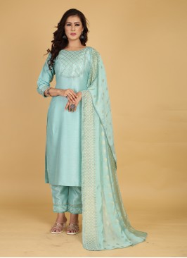 Cotton Silk Aqua Blue Embroidered Trendy Salwar Su