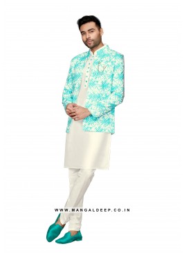 Cotton Silk Men's Nehru Jacket Set With Batik Prin