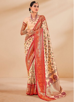 Cream and Hot Pink Ceremonial Classic Saree