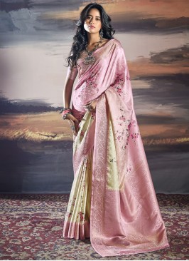 Cream and Pink Color Classic Saree