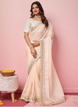 Cream Embroidered Contemporary Saree