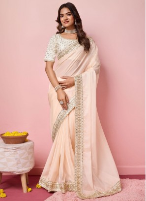 Cream Embroidered Contemporary Saree