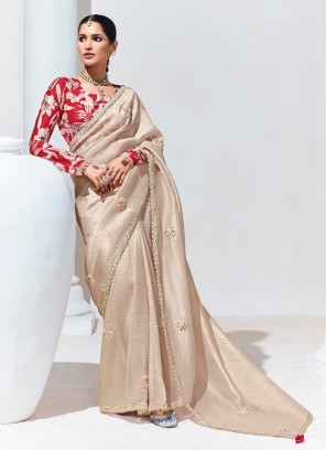 Cream Embroidered Festival Classic Saree