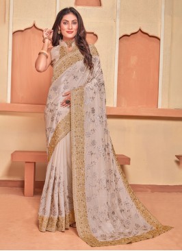 Cream Embroidered Party Saree