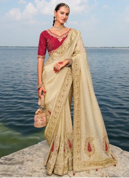 Cream Embroidered Reception Traditional Saree