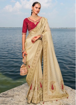 Cream Embroidered Reception Traditional Saree