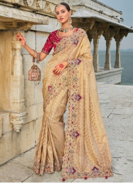 Cream Embroidered Wedding Traditional Saree