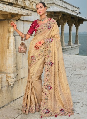 Cream Embroidered Wedding Traditional Saree