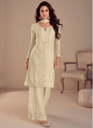 Cream Georgette Embroidered Readymade Salwar Kameez