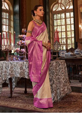 Cream Kanjivaram Silk Weaving Trendy Saree