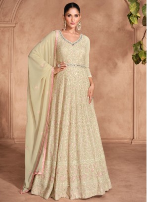 Cream Mirror Georgette Trendy Gown