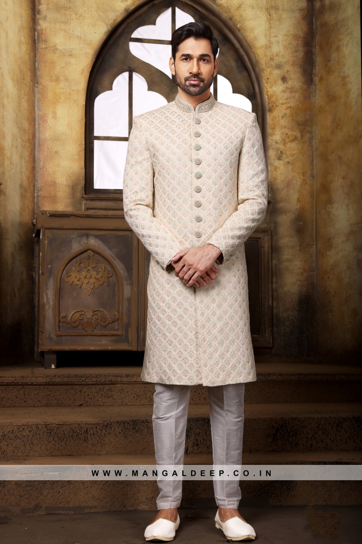 Cream Navabi Indo Western Embroidered Georgette Sherwani with