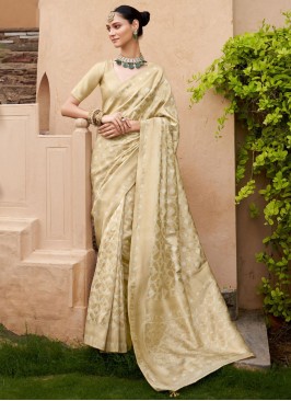 Cream Party Banarasi Silk Trendy Saree