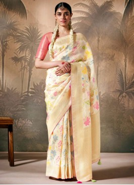 Cream Silk Festival Trendy Saree