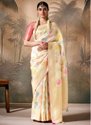 Cream Silk Festival Trendy Saree