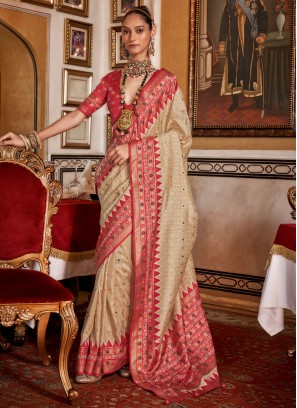 Cream Silk Festival Trendy Saree