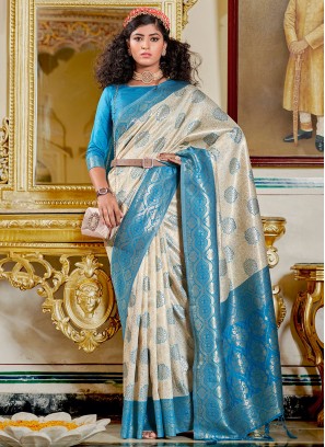 Cream Weaving Banarasi Silk Classic Saree