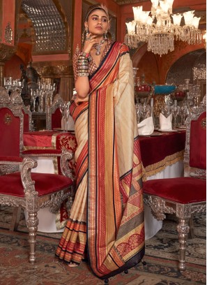 Cream Weaving Silk Trendy Saree