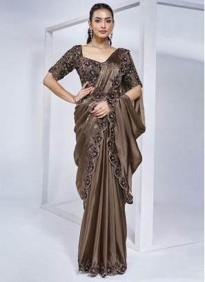 Crepe Silk Brown Khatli Work Classic Saree